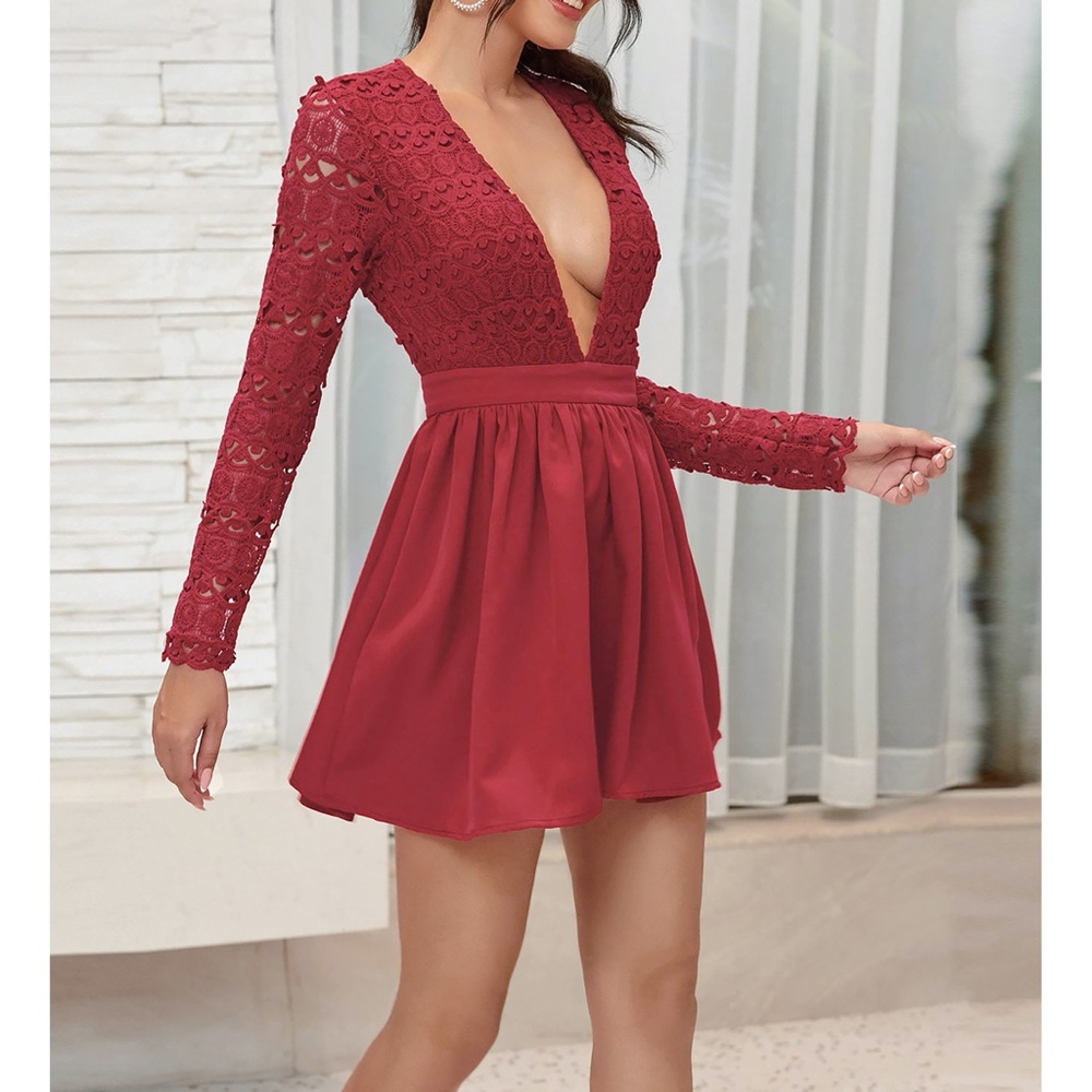 Red Plunge Guipure Lace Long Sleeve Skater Dress - Picture 7 of 16